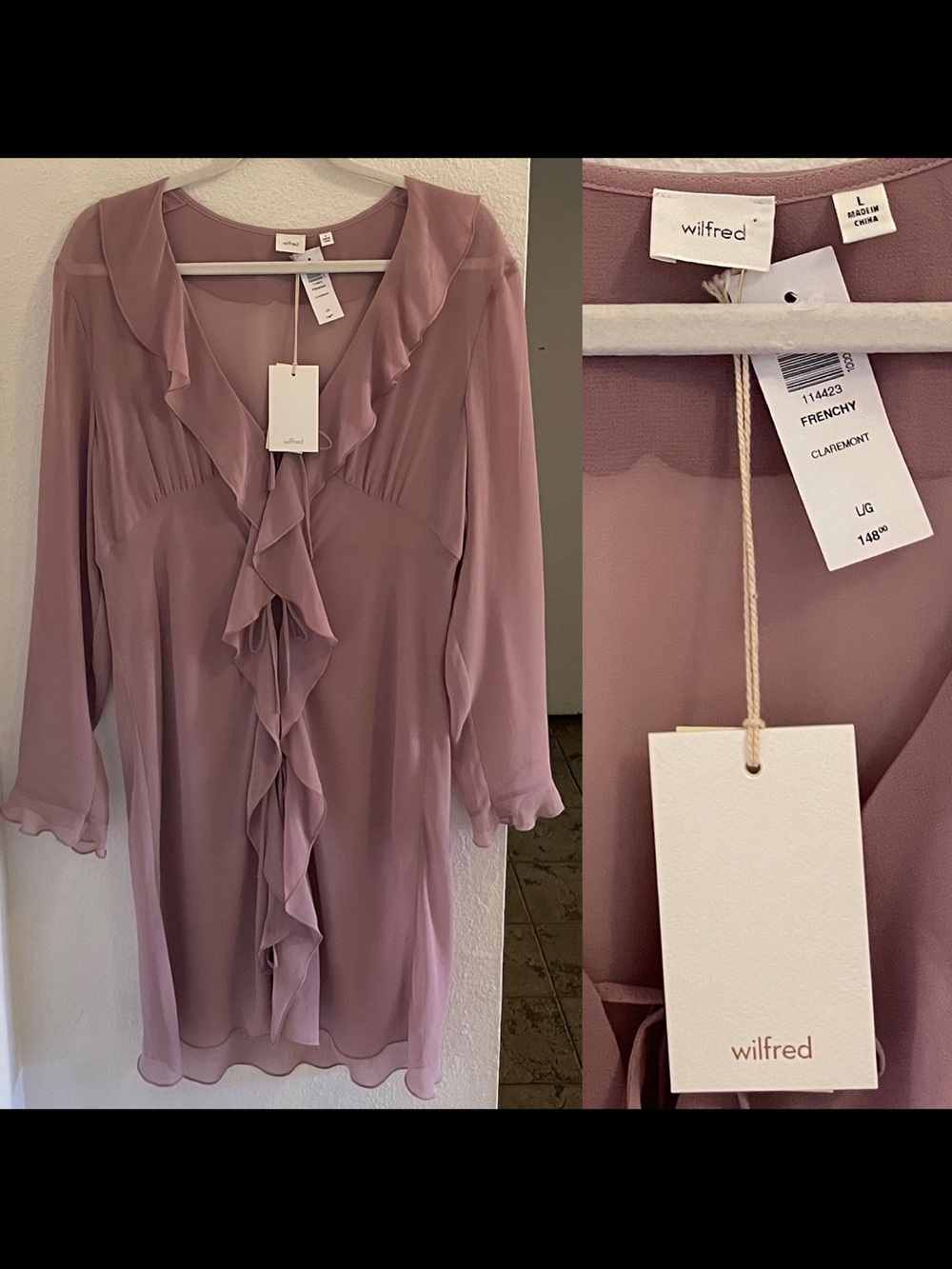NWT Wilfred Frenchy Claremont semi sheer mauve dusty rose pink ruffled minidress